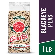 Load image into Gallery viewer, A 1 lb bag of Camellia Brand Blackeyes Peas on a white background with a dark purple and green vertical banner on the right reading 'BLACKEYE PEAS' and '1 LB'.