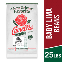 Load image into Gallery viewer, A bag of Camellia Brand Baby Lima Beans on a white background, with a red and green vertical banner on the right reading 'BABY LIMA BEANS' and '25LBS'.
