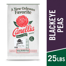 Load image into Gallery viewer, A bag of Camellia Blackeye Peas on a white background with a purple and green vertical banner on the right reading 'BLACKEYE PEAS' and '25LBS'. The bag is white with a large red camellia logo and red and green branding text.
